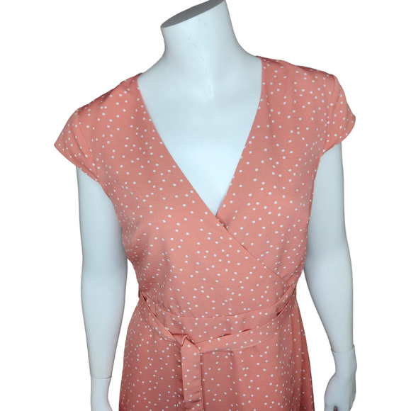 Madison Womens Medium Peach Polka Dot Wrap Dress With Belt V-Neck Short Sleeve - Picture 2 of 12